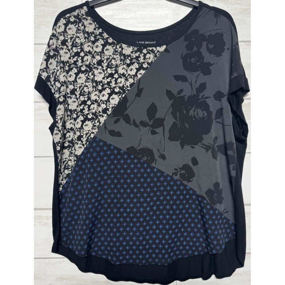 Lane Bryant Womens Top 18 20 Black White Blue Mixed Print Festive Hippie Career